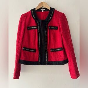 Chico’s Red and Black Tweed Open Blazer Gold Chain Detail